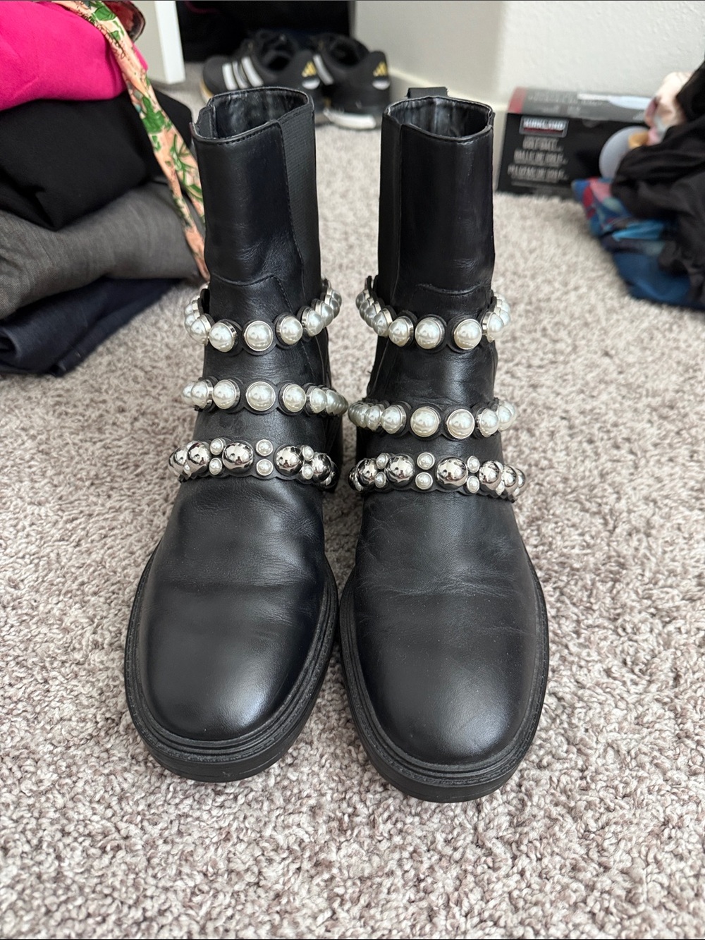 Zara Black Leather Ankle Boots with Pearl & Silver Bead Straps